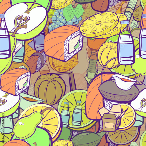 Background pattern abstract design texture. Seamless. Fruits and Japanese food. Theme is about roll salmon, water bottles, pieces, bamboo mat, half, pear, soba, round grapes, kyusu, bananas