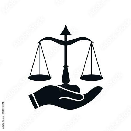 Lawrence, lawyer, Law care logo design. One hand hold up justice lawyer balance black vector icon.