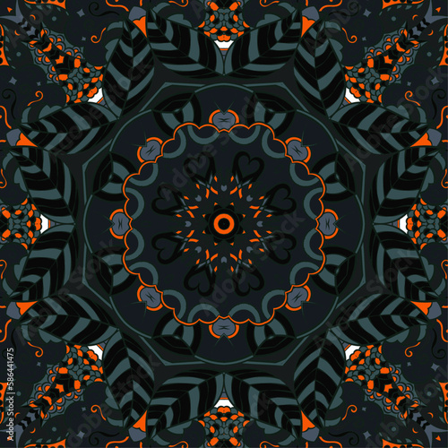 Seamless tile texture. Tracery mehndi design image. Dark toxic colors. Ethnic doodle art. Curved doodling picture. Vector