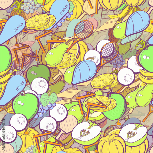 Background pattern abstract design texture. Seamless. Tennis and Fruits. Theme is about pieces, orange, lathing, fetus, berries, pineapple, ping-pong, grid, half, cut, chair, pin, clip, sports judge