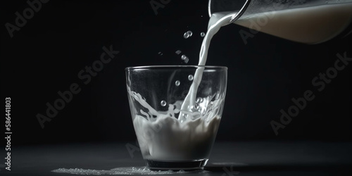 Milk pouring into glass on black background Generative AI