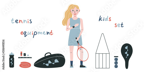 Flat vector illustration in childish style. Hand drawn tennis player, gear and equipment.