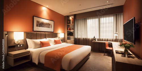 Modern hotel room with warm colour walls interior design Generative AI © bahadirbermekphoto