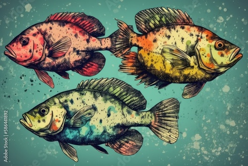 three colorful fish swimming in a vibrant underwater world. Generative AI