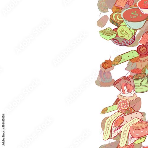 Background pattern abstract design texture. Snacks. Vertical seamless stripe. Border frame, transparent background. Theme is about strung up, roll, fish, salmon, topping, rice, sugar, twisted
