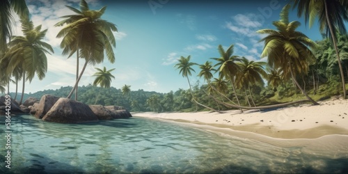 A tropical beach with palm trees and white sand. Sea holidays. Generative AI  © Bulat