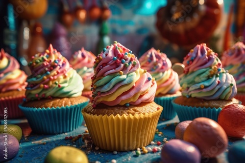 Whimsical Rainbow Cupcakes on a Rainbow Candy Land Fantasy background - Generative AI Illustration 