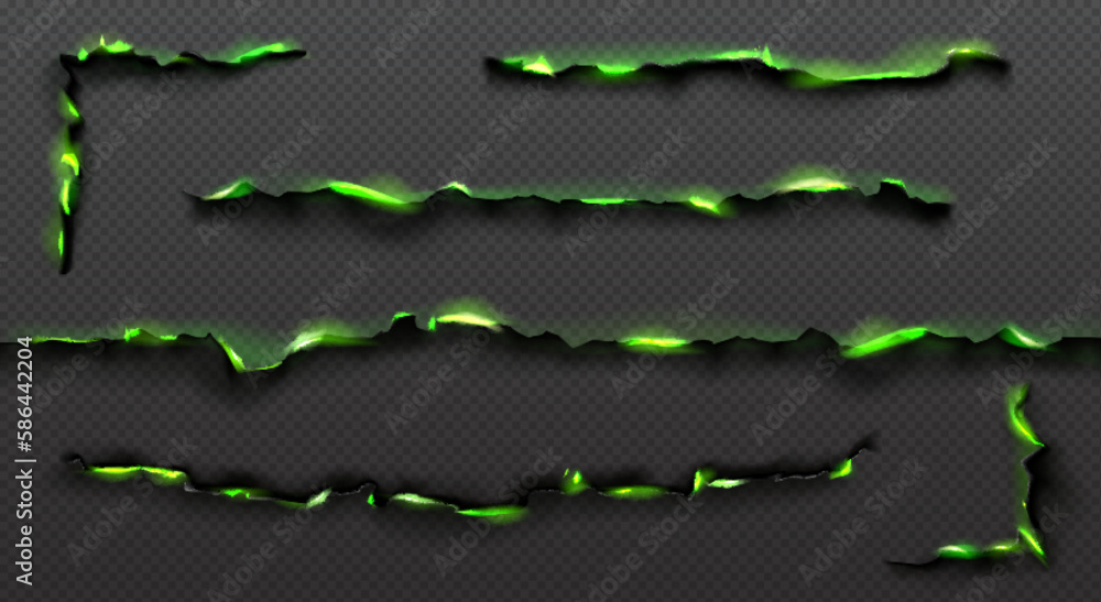 Obraz premium Realistic set of green fire burning paper edges isolated on transparent background. Vector illustration of parchment or document with ripped, damaged, smoldering uneven border destroyed by magic flame