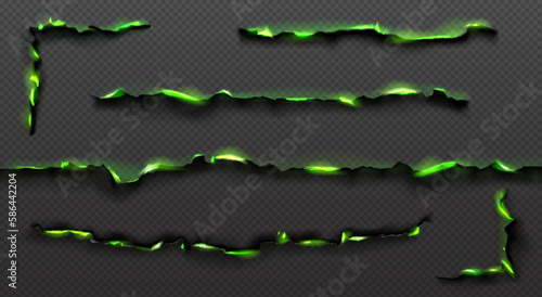 Realistic set of green fire burning paper edges isolated on transparent background. Vector illustration of parchment or document with ripped, damaged, smoldering uneven border destroyed by magic flame