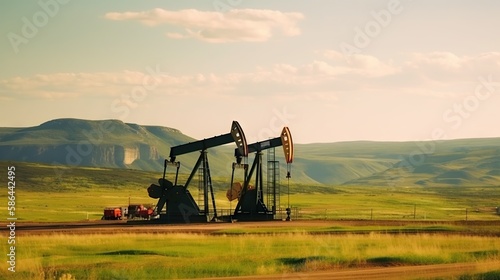 Working oil pumps in mountains. Natural resources industry. Oil rig. Generative AI