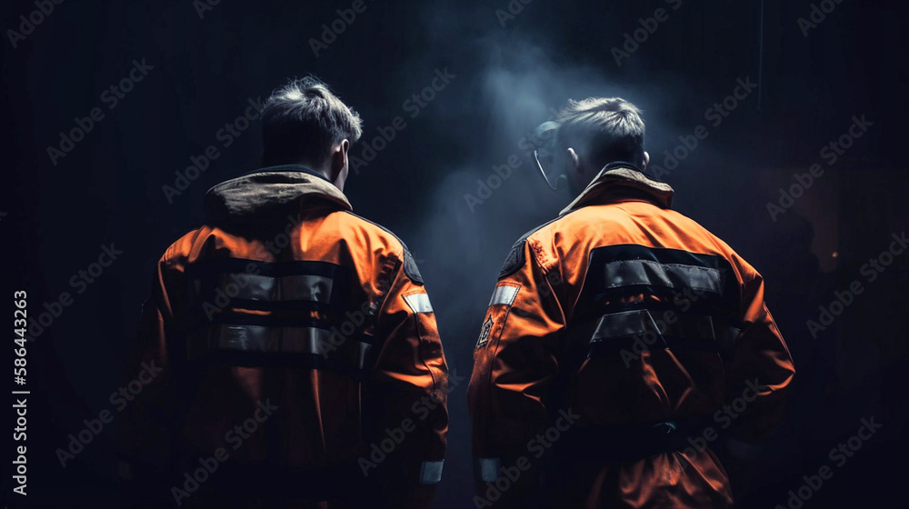 Firemans wearing firefighter turnouts and helmet. Dark background with smoke and blue light. Generative AI Firemans wearing firefighter turnouts and helmet. Dark background with smoke and blue light. Generative AI