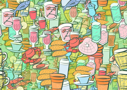 Background pattern abstract design texture. Seamless. Drinks and Seafood. Theme is about bottle, hot drink, alcohol, filling, squid, kvass, beer, soda, cheese, saucer, glass, wine, royal