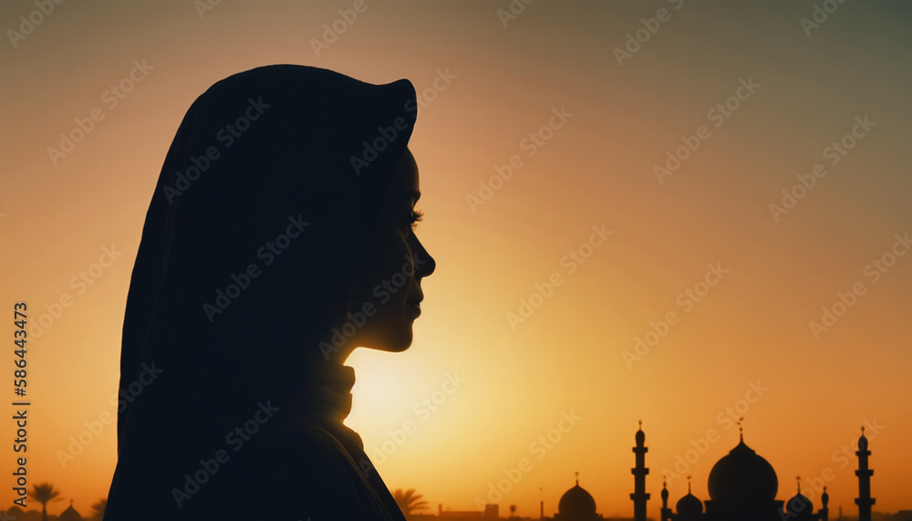 Silhouette of prayer girl and mosque in sunset.Generative AI - obrazy, fototapety, plakaty 