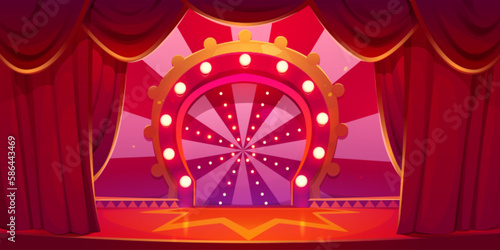 Cartoon circus stage vector background. Carnival arena with red vintage theater curtain. Cirque show scene festival illustration. Empty marquee podium. Festive theatre platform with curtain neon light