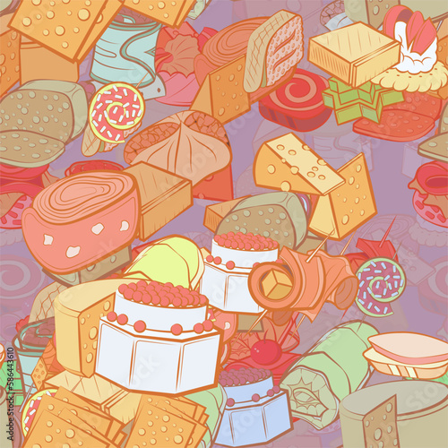 Background pattern abstract design texture. Seamless. Snacks and Cheeses. Theme is about onigiri, dough, star, solid, twisted filling, lettuce leaf, stick, filling, soup, hard cheese, sweet