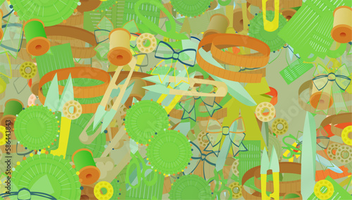 Background pattern abstract design texture. Seamless. Theme is about dressing, tailor Shears, scissors, spool, hobby, textile, embellishment, tailor, wool, sewing, measure, sew, adornment