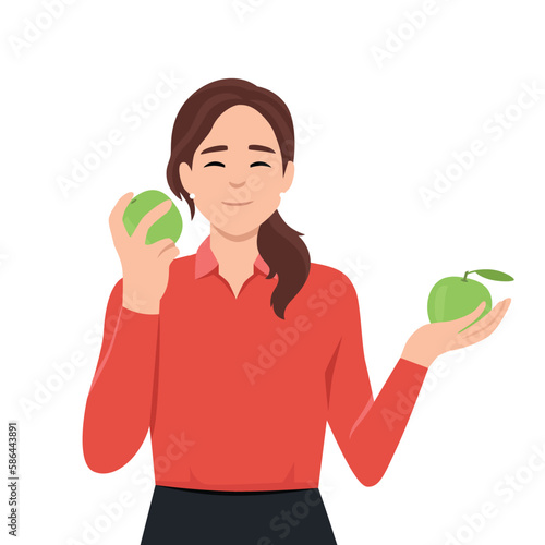 Health, vegan, fruit set concept. Young merry, cheerful woman wants to be healthy. Happy contented girl likes eco food very much. Each vegan and vegetarian prefers eating fruits