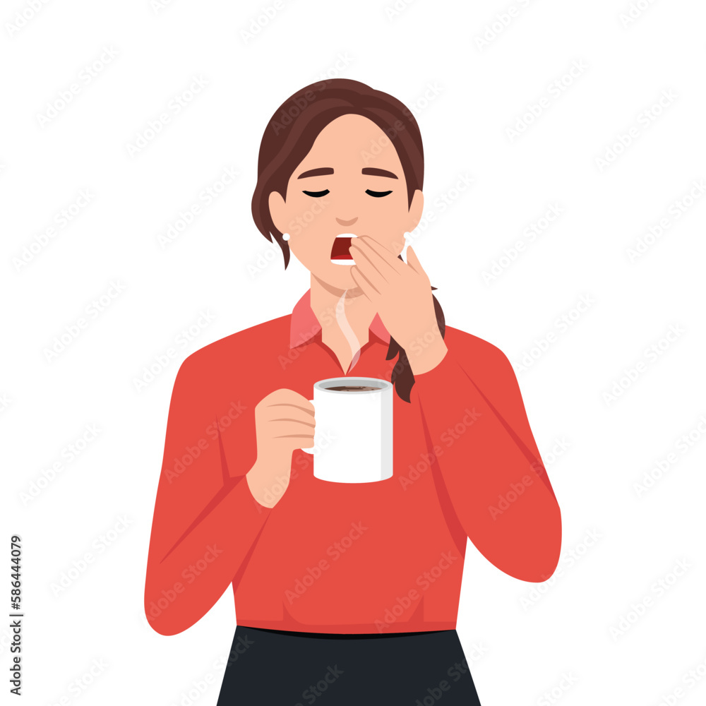 Young business woman yawning holding a cup of hot coffee with steam come out Young business woman yawning holding a cup of hot coffee with steam come out