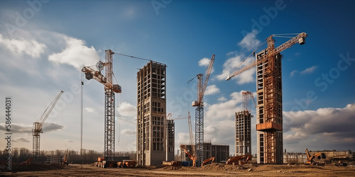 large construction sites and many cranes Generative AI photo