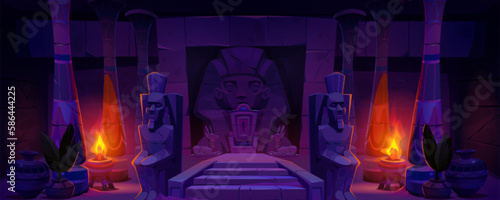Ancient Egypt pharaoh throne temple cartoon vector background. Egyptian god Ra sculpture in palace hall with stairs construction for game illustration. Colonnade symmetry mythology interior.