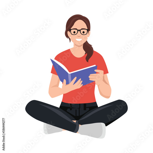 Young woman reads a book, legs crossed. Leisure and education concept. The concept of a book festival, fair, reading