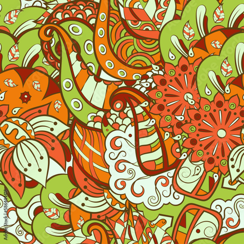 Tracery seamless pattern. Mehndi design. 7 colors. Ethnic doodle texture. Curved doodling background. Vector
