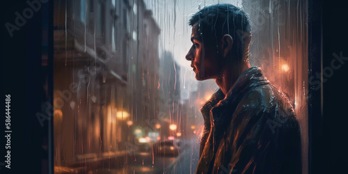depression, a man standing alone in a dimly lit room, staring out of a rain-soaked window, the city lights blurred in the background Generative AI