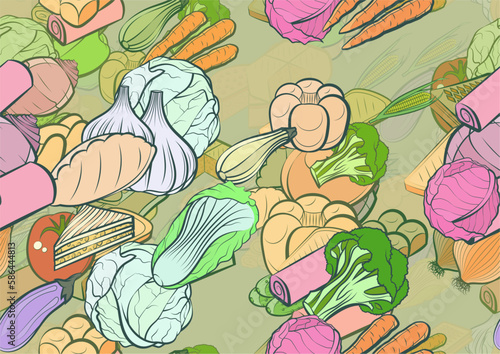 Background pattern abstract design texture. Seamless. Bakery products and Health food. Theme is about vitamin C, pancakes, vitamins, washed, nutritious, corn, waffles, dissected, shell, biscuit