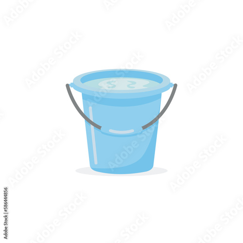 Bucket icon. Single blue color plastic bucket filled with water isolated on white background. Designed in flat cartoon style. Graphic vector illustration.