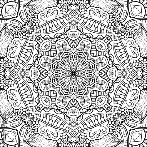 Seamless tile texture. Tracery mehndi design image. Binary monochrome black and white. Ethnic doodle art. Curved doodling picture. Vector