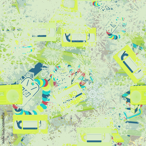 Background pattern abstract design texture. Seamless. Theme is about december, swirly, xmas, falling, silhouette, sweets, frost, pager, boombox, candy watches, organic, rubix cube, year