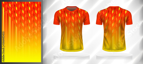 Vector sport pattern design template for V-neck T-shirt front and back with short sleeve view mockup. Orange-yellow-red color gradient abstract geometric line texture background illustration.