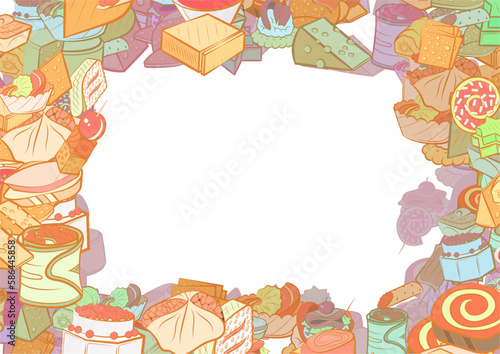 Background pattern abstract design texture. Cheeses and Snacks. Border frame, transparent background. Theme is about spiral, marshmallows, sweetness, cheese, hard cheese, roll, wrapped up