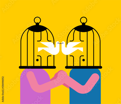 Cage for lovers with dove instead of head. concept of sincere and pure love