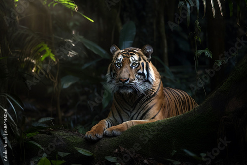 Tiger in dark jungle. Generative ai