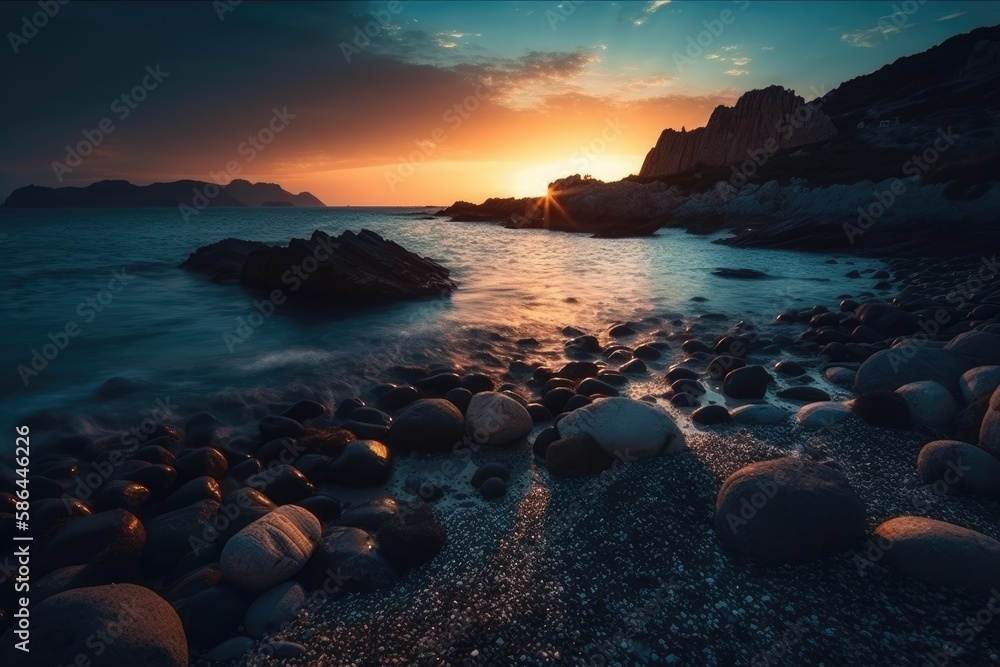 rocky beach at sunset with warm colors and a calm ocean. Generative AI rocky beach at sunset with warm colors and a calm ocean. Generative AI