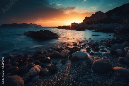 rocky beach at sunset with warm colors and a calm ocean. Generative AI