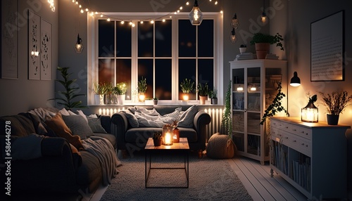 Scandinavian style living room interior at night with strings of light. Generative AI © Csaba