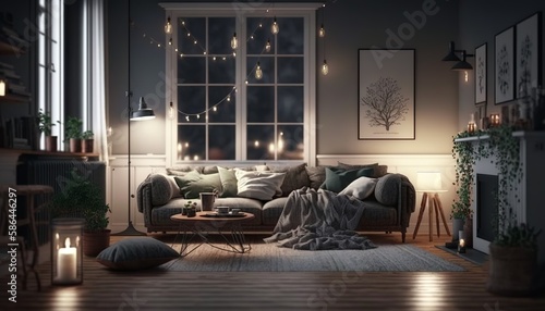 Scandinavian style living room interior at night with strings of light. Generative AI