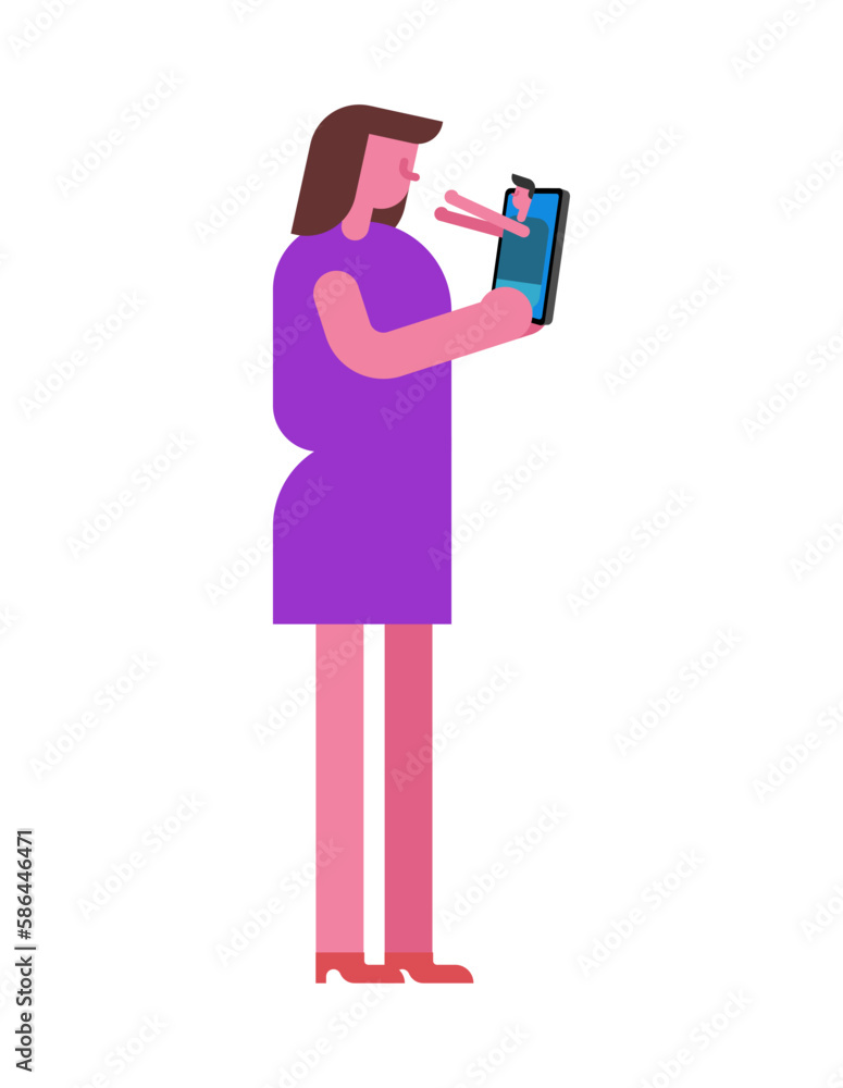 Virtual lover. Guy and woman in smartphone. A woman in a gadget hugs a man. concept of virtual love Virtual lover. Guy and woman in smartphone. A woman in a gadget hugs a man. concept of virtual love
