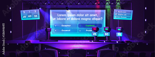 Quiz game show with question option cartoon background. Tv contest stage with screen. Television program to guess right answer on podium with tribune and spotlight. Front view entertainment broadcast.
