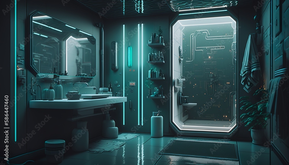Futuristic cyberpunk style bathroom interior with mirror and neon lights. Generative AI Futuristic cyberpunk style bathroom interior with mirror and neon lights. Generative AI