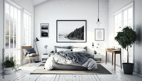 Bright scandinavian interior style bedroom with white walls and double bed. Generative AI