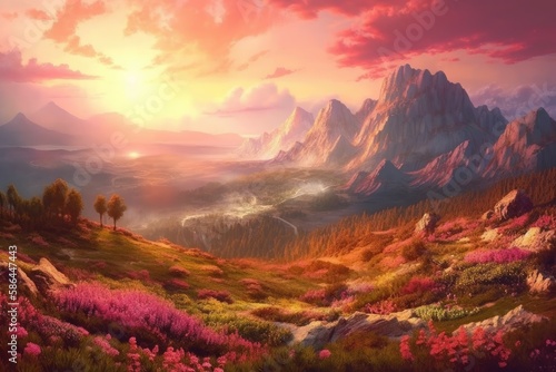 mountain landscape with blooming pink flowers. Generative AI
