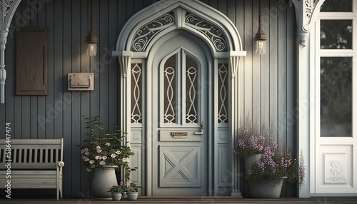 Scandinavian style house front door with steps and plants. Generative AI