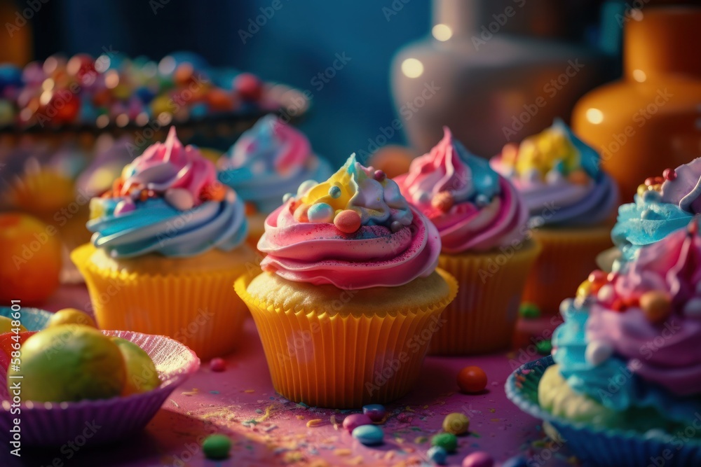 Whimsical Rainbow Cupcakes on a Rainbow Candy Land Fantasy background - Generative AI Illustration

