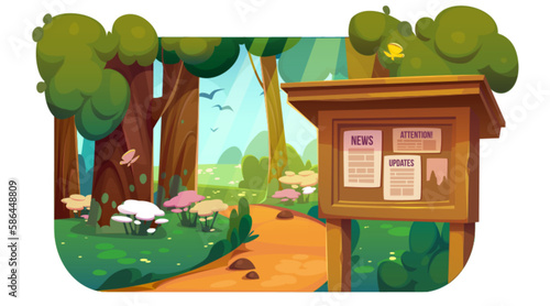 Cartoon summer park with announcement board. Vector illustration of beautiful public garden with footpath between trees, green grass, blooming flowers, butterflies and birds flying. Web banner design