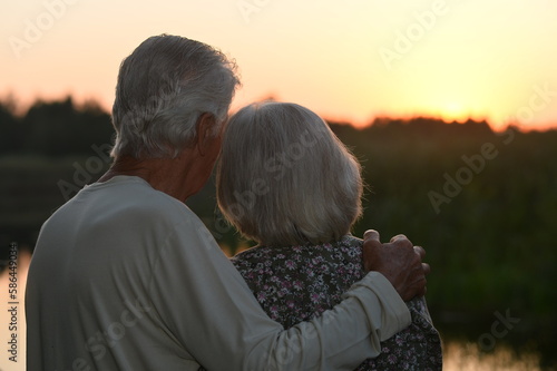 Senior couple in summer. Sunset. Rear view