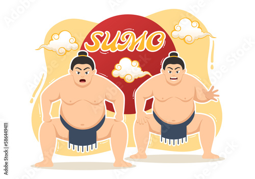 Sumo Wrestler Illustration with Fighting Japanese Traditional Martial Art and Sport Activity in Flat Cartoon Hand Drawn Landing Page Templates