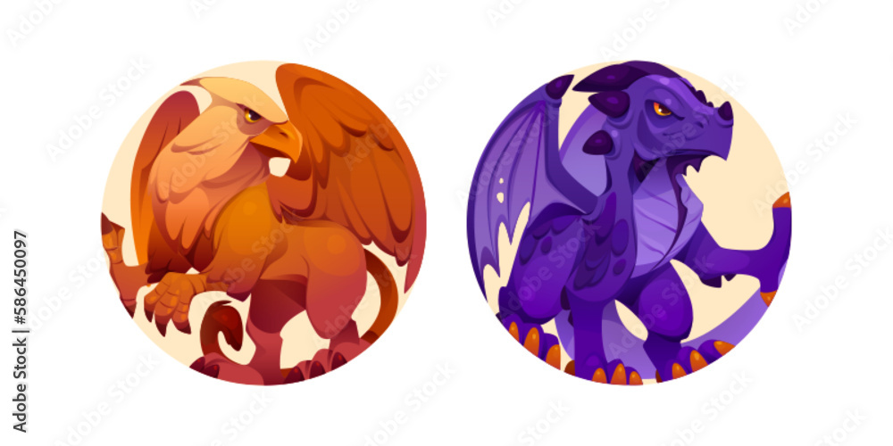 Griffin and dragon cartoon vector icon set. Gryphon beast game character illustration on round background. Medieval fantasy animal with claw for profile avatar. Mythical creature clipart collection Griffin and dragon cartoon vector icon set. Gryphon beast game character illustration on round background. Medieval fantasy animal with claw for profile avatar. Mythical creature clipart collection